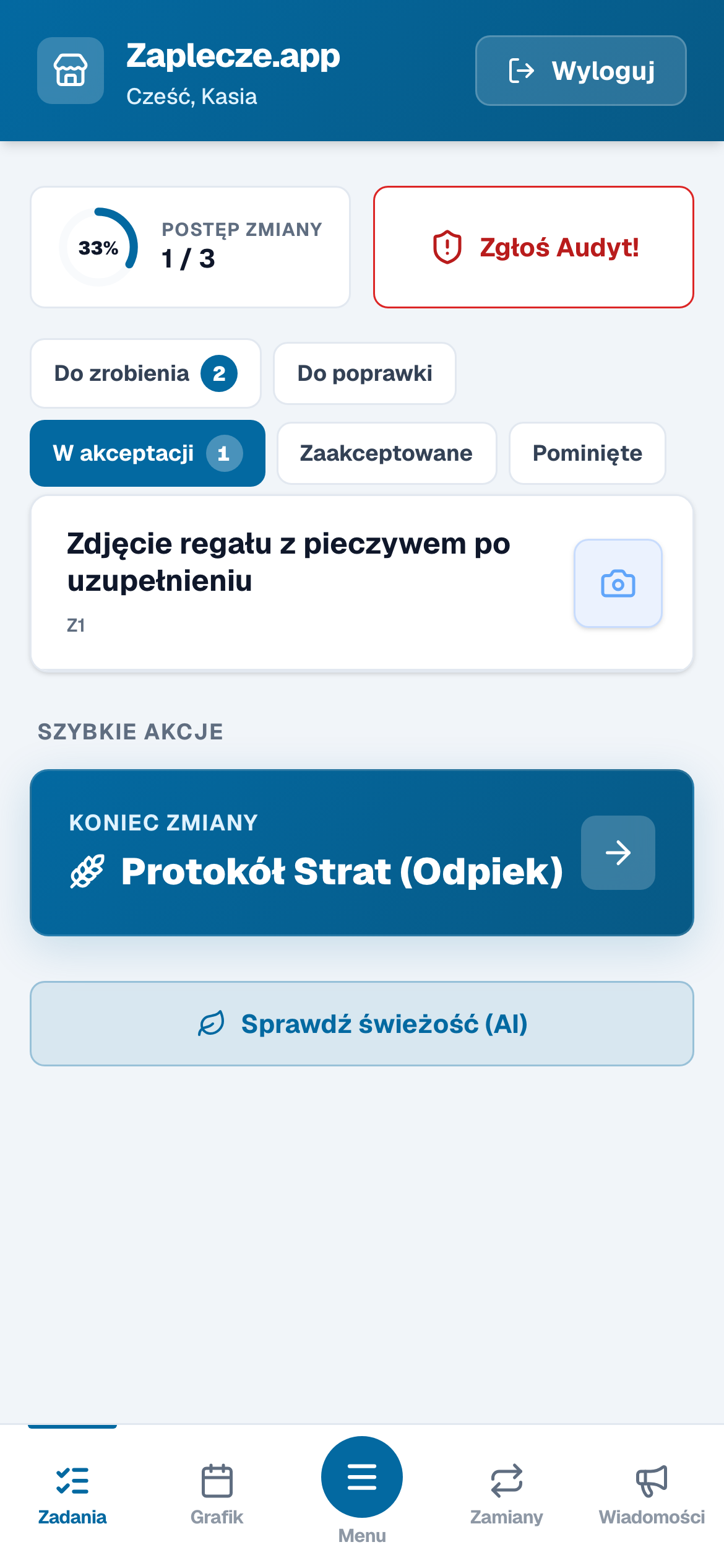 Ekran pracownika: zadanie ze zdjęciem
